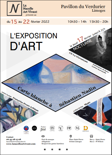 LeblancProux's tweet photo. Nouveaux horaires, nouveau programme pour l'Exposition d'Art Carte Blanche à Sébastien Nadin, dû aux mesures préfectorales prises par la mairie de limoges aujourd'hui. 

#expositiondart #officedutourismelimoges #limousin #lanacelleartvivant #cielavicomtesse #art #dansetheatre https://t.co/Y8tTZ1e2On