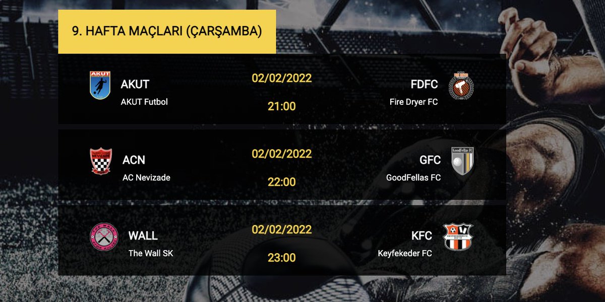 EfendiLig'in 9. haftasında bugünün maçları:

⏱️21.00 | <a href="/AKUTfutbol/">AKUT Futbol</a> - <a href="/OfficialDryers/">Fire Dryer Football Club</a> 
⏱️22.00 | <a href="/ACNevizade/">AC Nevizade</a> - <a href="/GoodfellaFC/">FC Goodfellas</a> 
⏱️23.00 | <a href="/thewallsk/">The Wall Spor Kulübü</a> - <a href="/Keyfekeder11/">KEYFEKEDER FC</a> 

🏟️ Selimiye Stadı

Kapın arkadaşınızı gelin. 😉