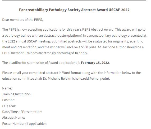 #PBPS abstract award for #USCAP2022 - Exciting opportunity for #pathology trainees - get recognized &amp; win a cash prize!
Deadline - Feb 15th 2022!
Send you completed abstracts to <a href="/MichelleReidMD/">Michelle Reid MD</a>. 
Info below
<a href="/OlcaBasturk/">Olca Basturk</a> <a href="/DrVish/">Vish Killari MD MPH</a> <a href="/Mvgs1706/">Monika Vyas</a> <a href="/PrashantBavi/">Prashant Bavi</a>
<a href="/mannanrifat03/">Rifat Mannan, MD</a>