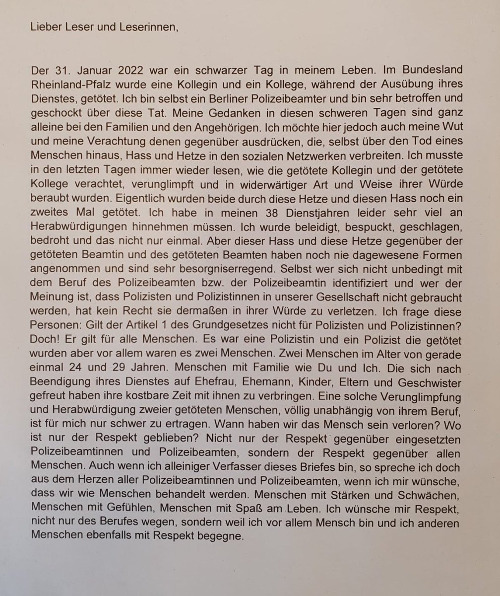 Post eines Polizisten an mich zu den Reaktionen im Netz auf #Kusel.
