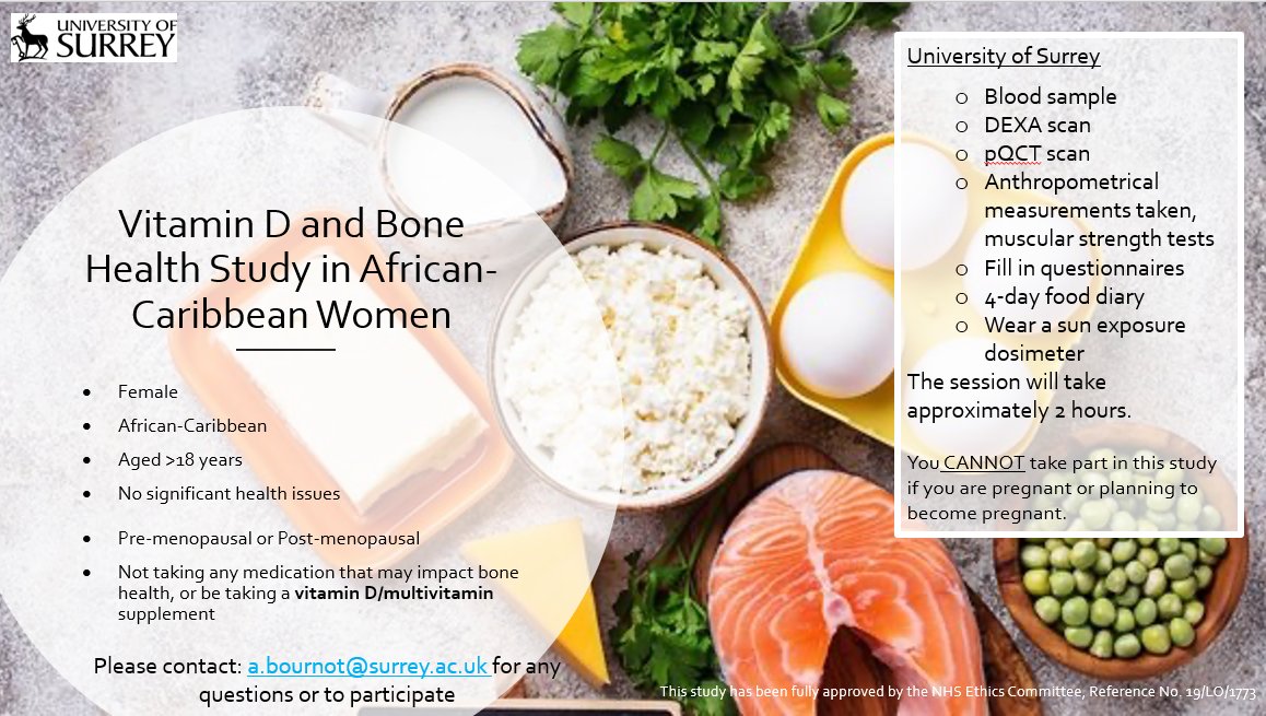 We are recruiting healthy volunteers for our nutrition research study <a href="/UniOfSurrey/">University of Surrey</a>!

Are you:
✅Female
✅Aged >18 years
✅African-Caribbean
✅Not taking any medication that may impact bone health
✅Available for 2 hours at University of Surrey

If so, get in touch! Details👇