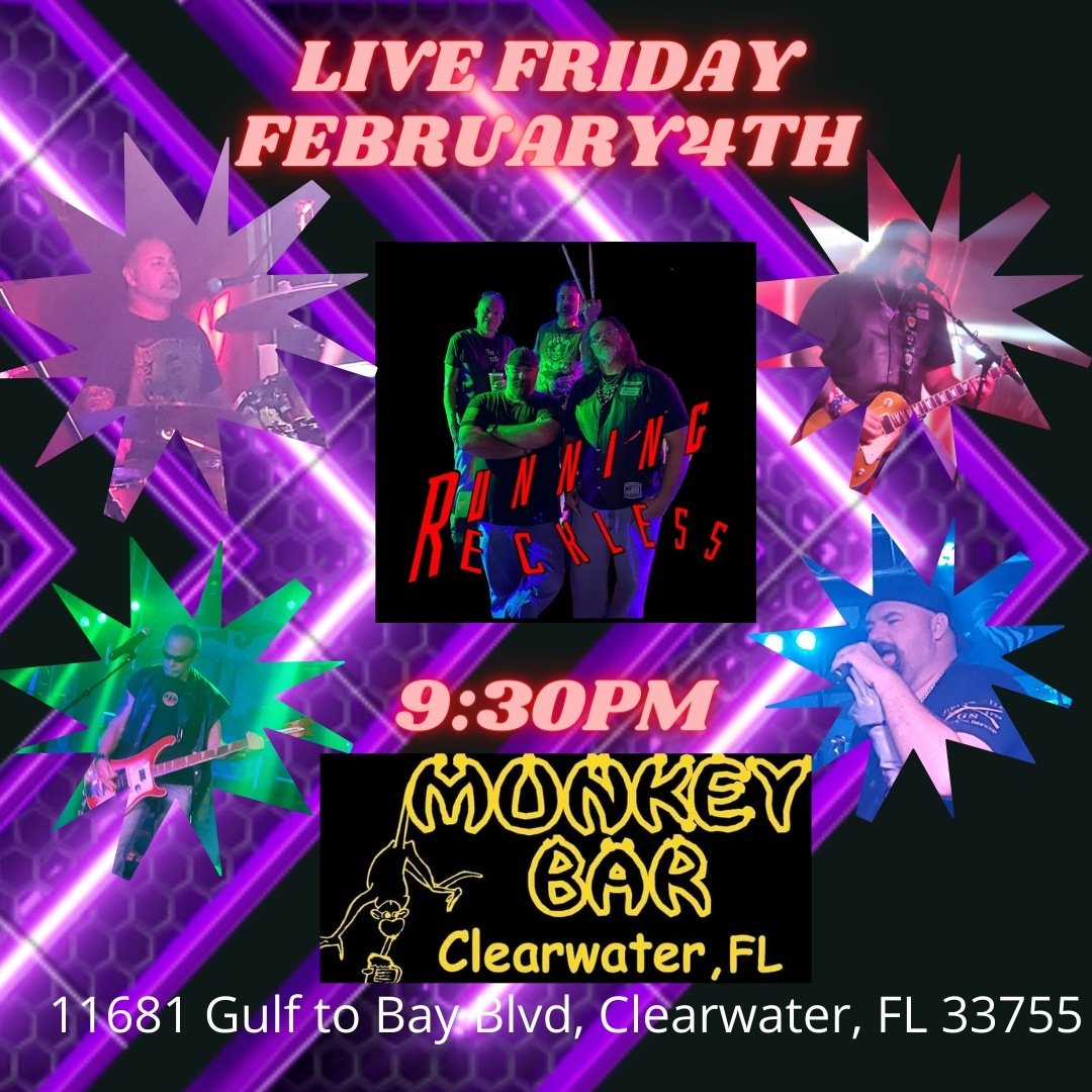 Mach5E21's tweet image. Don&apos;t forget Friday Running Reckless  live at The Monkey Bar in Clearwater!!!! Come on out and have a blast!!!! Our very own DJ Turbo  will be out showing her support!!!