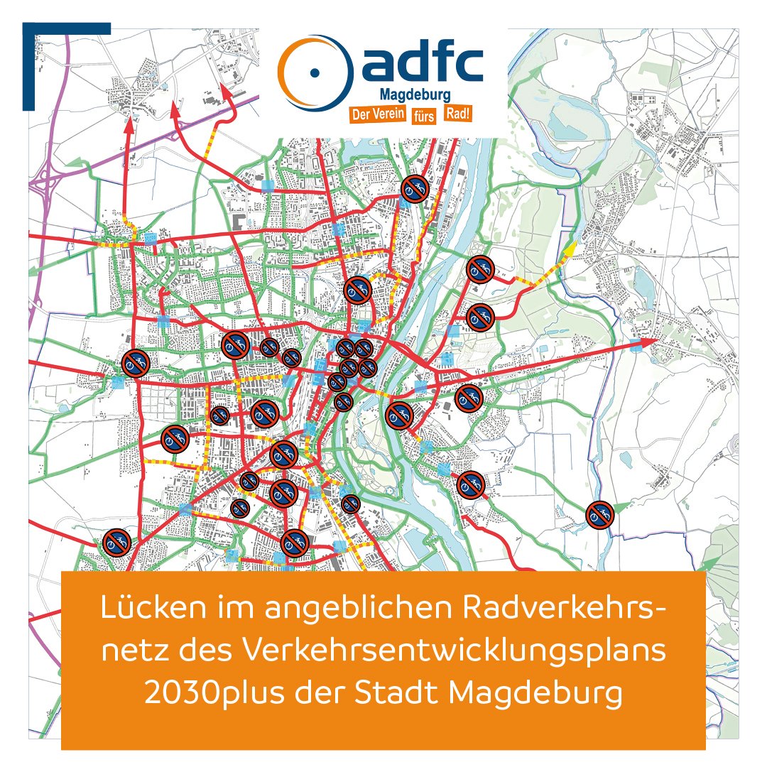ADFC_MD's tweet photo. Am 24.02.2022 soll vom Stadtrat der Verkehrsentwicklungsplan 2030plus (VEP) beschlossen werden, welcher die verkehrliche Entwicklung in #Magdeburg für das nächste Jahrzehnt bestimmt. Wir zeigen euch, wo entgegen der Darstellung im VEP überhaupt keine Radverkehrsanlagen existieren https://t.co/akK4wg0c4h