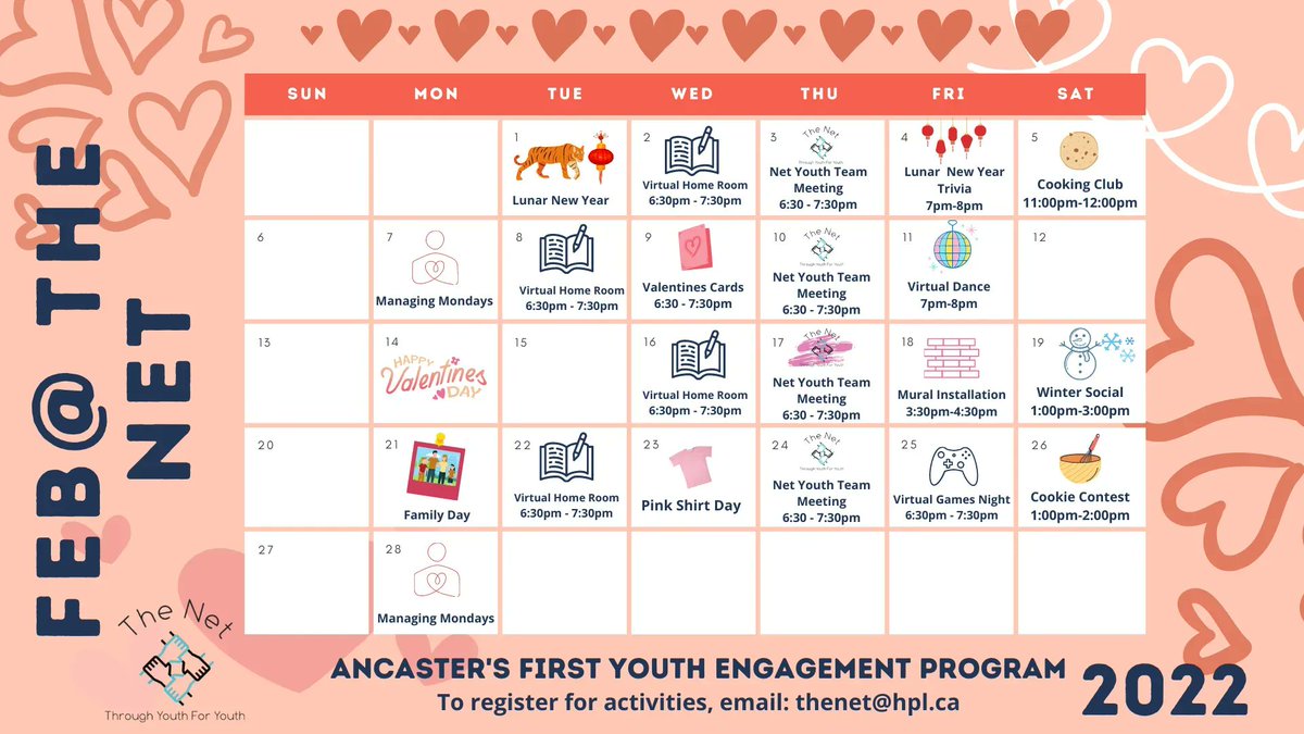 thenetacs's tweet photo. Feeling the love! Check out this months calendar, The Net invites youth 13-18 to register and attend any of our free upcoming virtual and outdoor events @thenetacs or thenet@hpl.ca. Looking forward to what our youth have planned for YOU! 
#volunteering #thenetacs #hamontyouth https://t.co/rHAqAGxrwH