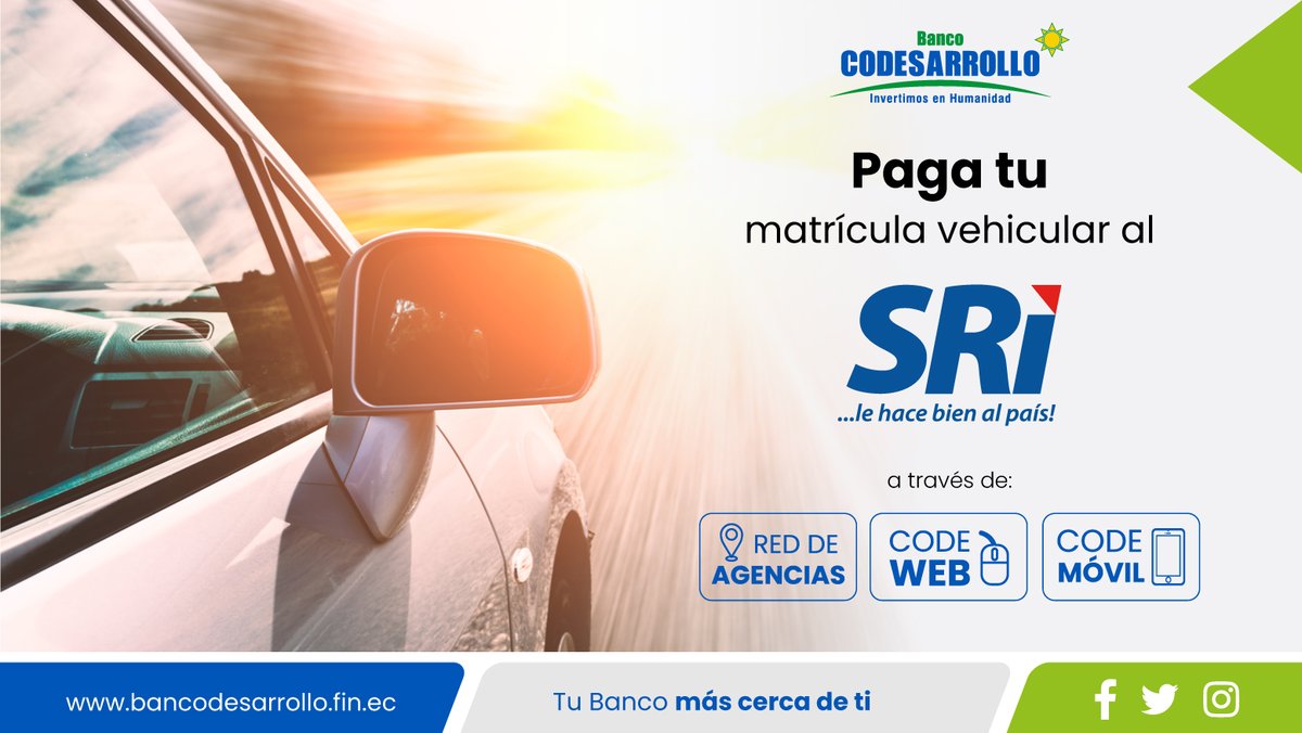 BanCodesarrollo's tweet image. #PagoServicios  
🚗 Paga los valores de la matrícula vehicular en nuestra red de agencias a nivel nacional y a través de nuestros canales electrónicos #CodeWeb y #CodeMóvil
#BancoCodesarrollo #TuBancoMásCercaDeTi #InvertimosEnHumanidad