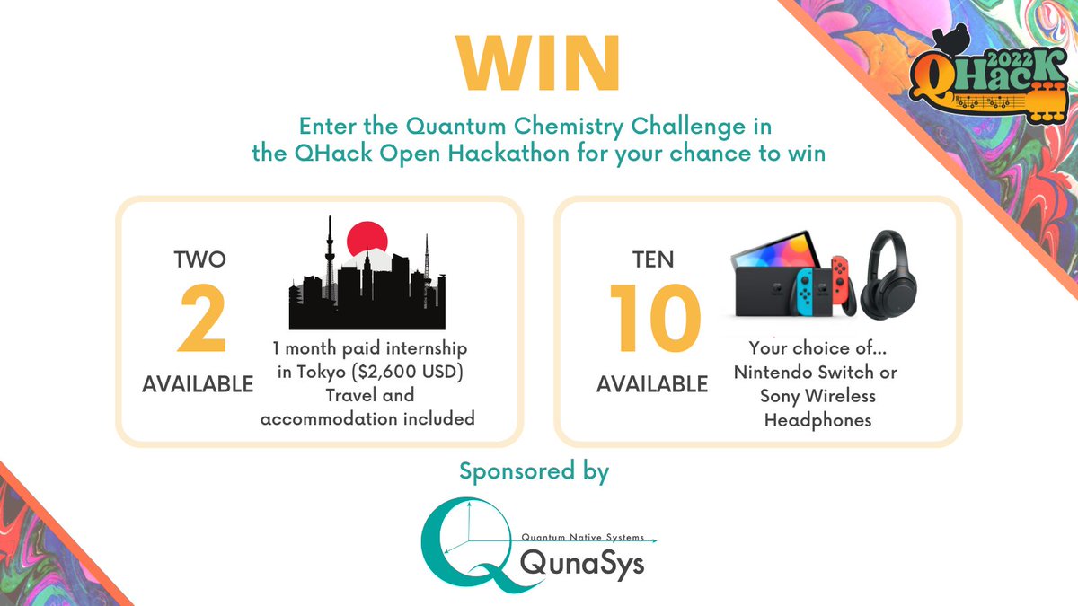 PennyLaneAI's tweet photo. #QHack2022 Prize Announcement 📣 

Enter the Quantum Chemistry Challenge in the QHack Open Hackathon for your chance to win:

A @QunaSys_en internship in Tokyo! 🌟 

Your choice of a Nintendo Switch or Sony Wireless Headphones 🌟 

Sign up today at https://t.co/EdmmMI4ne2 https://t.co/pFzG8hELMj