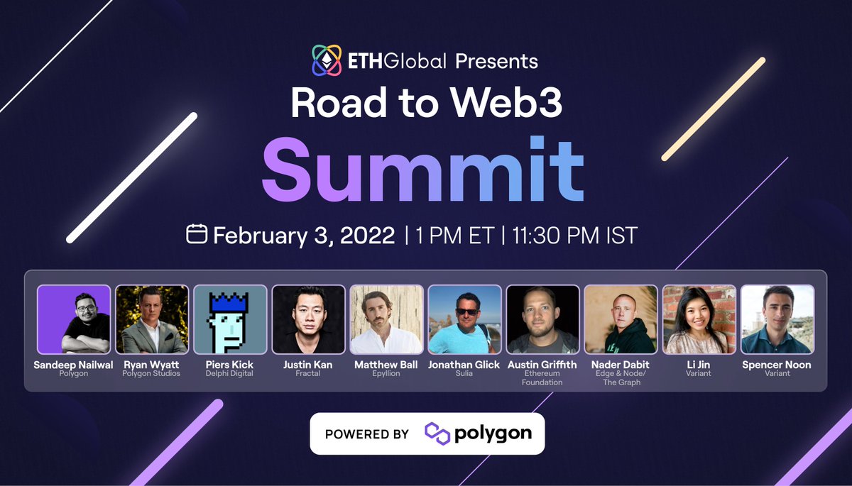 Excited about the <a href="/ETHGlobal/">ETHGlobal</a> #RoadToWeb3 Summit?

Join <a href="/ballmatthew/">Matthew Ball</a>, @jonathanglick, <a href="/justinkan/">Justin Kan</a>, <a href="/Fwiz/">Ryan Wyatt</a>, <a href="/pierskicks/">Piers Kicks</a>, <a href="/austingriffith/">Austin Griffith</a>, <a href="/dabit3/">nader dabit</a>, <a href="/spencernoon/">Spencer Noon 🕛</a>, <a href="/ljin18/">Li Jin</a> and <a href="/sandeepnailwal/">Sandeep | CEO, Polygon Foundation (※,※)</a> for deep insights on switching from Web2 to Web3.

#poweredbyPolygon

👉bit.ly/Join-Summit
