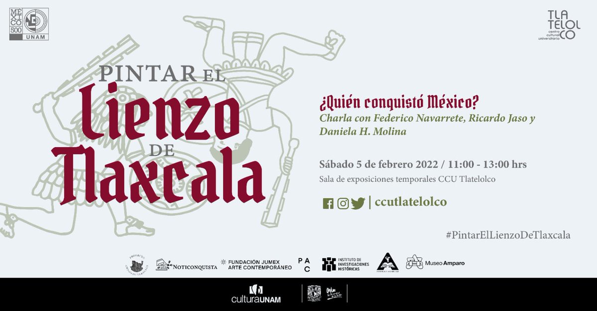 #Agenda #Febrero <a href="/noticonquista/">Noticonquista</a> 

¿Quién conquisto México? 
Acompaña a <a href="/Fedenavarrete/">F Navarrete</a> Daniela H. Molina y  Ricardo Jaso 

Te esperamos este 5 de febrero en <a href="/ccutlatelolco/">CCU Tlatelolco</a> 11:00 am 

Al finalizar juagremos "Alia2 1521" un juego de mesa que trata sobre la conquista de Tenochtitlan.