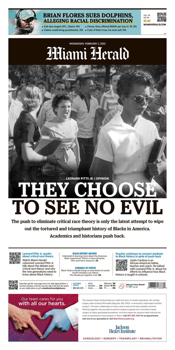 Kudos to the <a href="/MiamiHerald/">Miami Herald</a> for their strong frontpage led by a <a href="/LeonardPittsJr1/">Leonard Pitts, Jr.</a> opinion column on Critical Race Theory as we embark upon #BlackHistoryMonth2022. (Thanks <a href="/KevinCate/">Kevin Cate</a> for the Florida frontpages daily email — a great way to check pulse of the state)