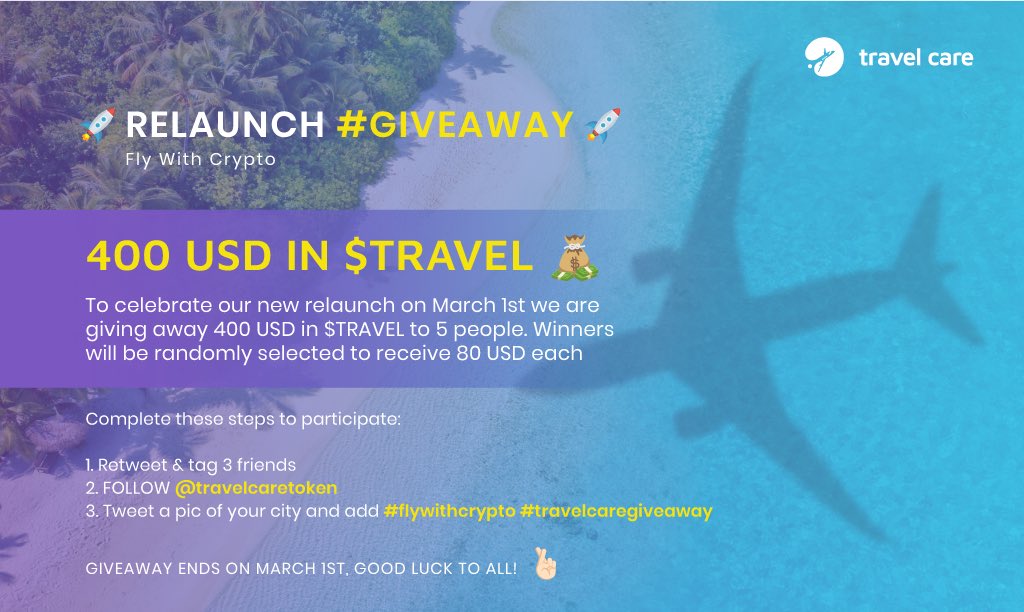 travelcareio's tweet image. 🚀🚀 RELAUNCH #GIVEAWAY🚀🚀
 
We are giving 400 USD in $TRAVEL to 5 people. Winners will be randomly selected💰 
 
 1. Retweet &amp;amp; tag 3 friends  
 2. FOLLOW @travelcaretoken 
 3. Tweet a pic of your city and add #flywithcrypto #travelcaregiveaway 
 
Ends on March 1st, good luck!🤞🏻