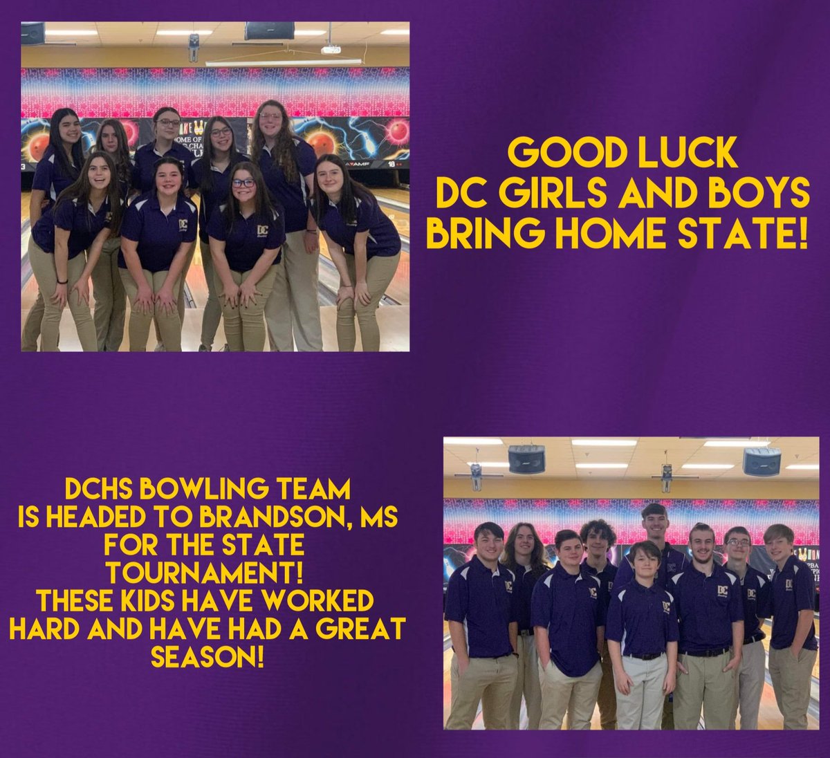 dchs_bowling's tweet photo. Today is game day.  The DCHS Boys &amp; Girls bowling team will be hitting the lanes to bowl for the state championship Brandon,  MS.
 @BobBakken @dchsjaguars @dcsaa_sports @misshsaa @athletics_dc  @bshields0244 @cory_uselton https://t.co/YuXLilLHJO