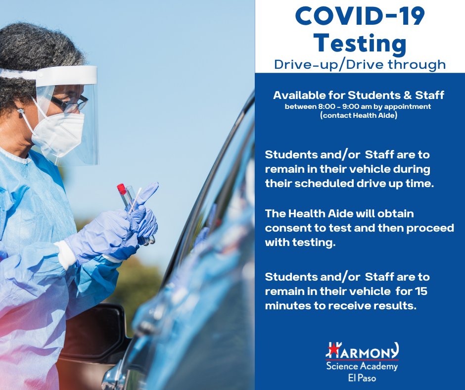 The health aids are offering drive-up/drive thru COVID-19 testing daily between 8-9am for students and staff who are exhibiting COVID-19 symptoms.  Please contact the health aide prior to coming in so they can let you know what time to arrive at the campus.