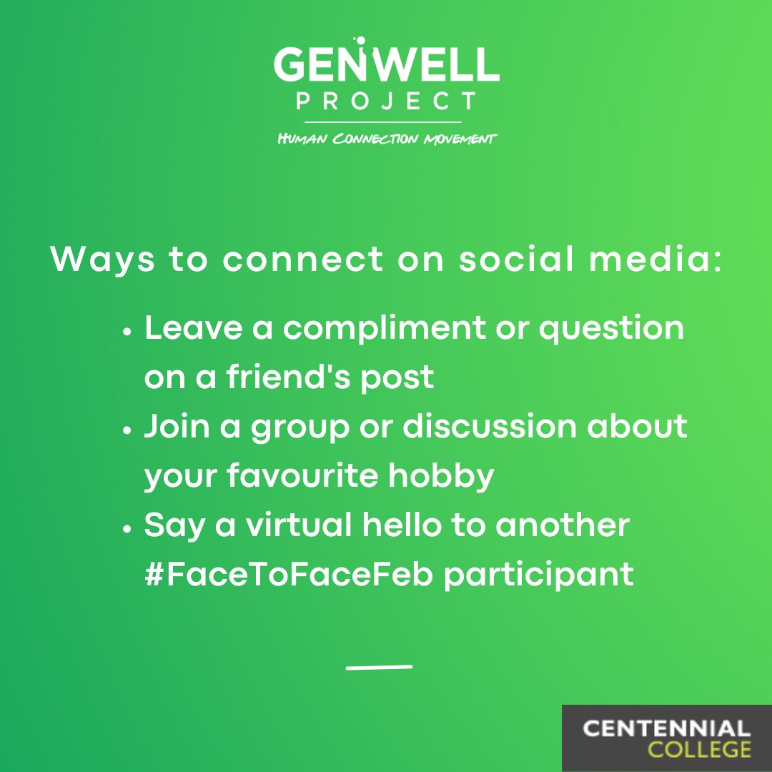 GenWellProject's tweet photo. Having a discussion on social media can lead to building friendships through the sharing of information and experiences. Today's #FaceToFaceFeb challenge is to make a positive comment on someone's post!

#genwellproject #humanconnection #socialhealth #wellbeing #inthistogether https://t.co/jge2S8cf8J