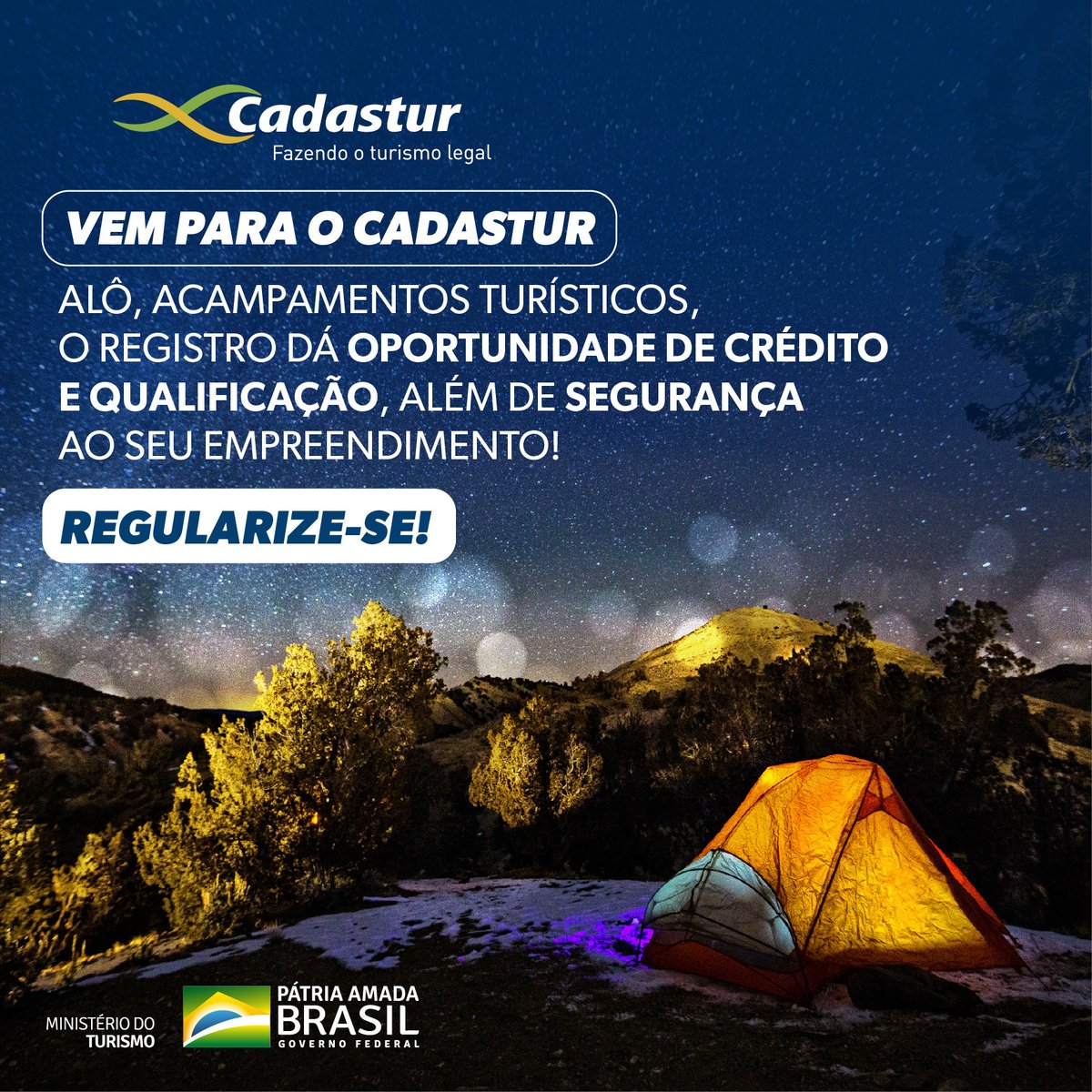 MTurismo's tweet image. #Regularize-se 🏕️
Iniciamos uma ação para ampliar a formalização de acampamentos turísticos no 🇧🇷 . A atividade está bem visada no pós-pandemia e o #Cadastur ajuda na oferta de qualidade e segurança do serviço! Vem, que o registro só beneficia o setor ➡️ bit.ly/34dYSns