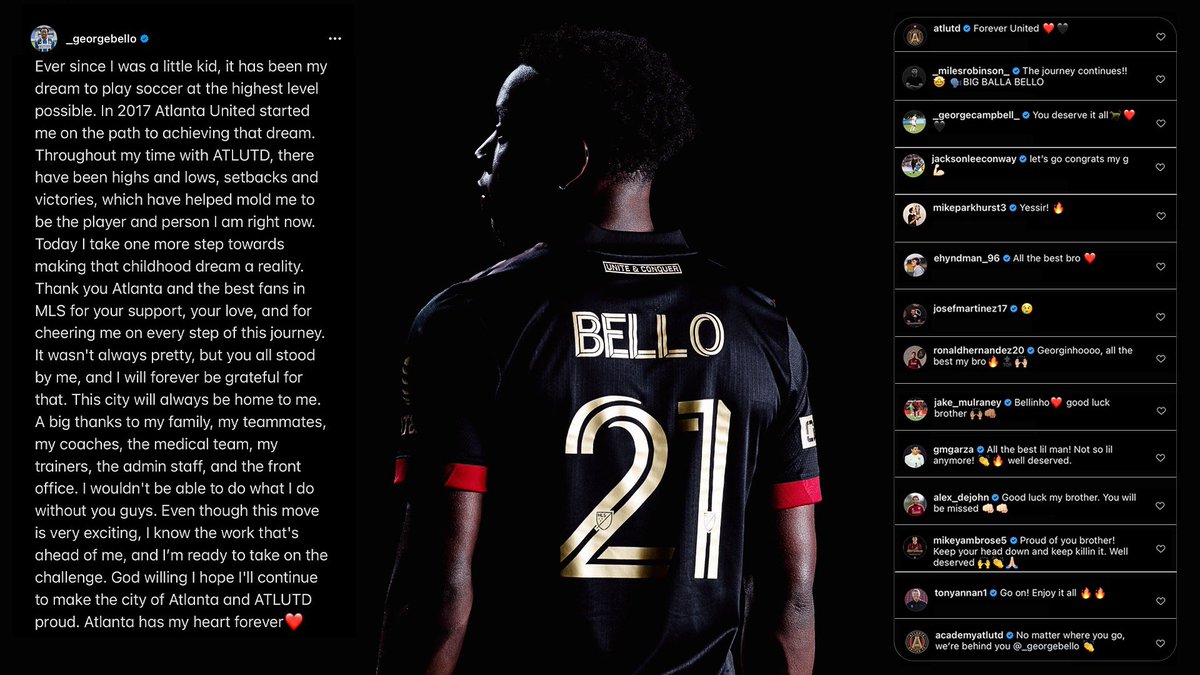 ATLUTD's tweet photo. You'll always be one of our own 🔴⚫️

Messages of support and well wishes from the 5-Stripes of past and present poured in for @_GeorgeBello following his move to @Bundesliga_EN's @Arminia. https://t.co/1kcTAcww9P