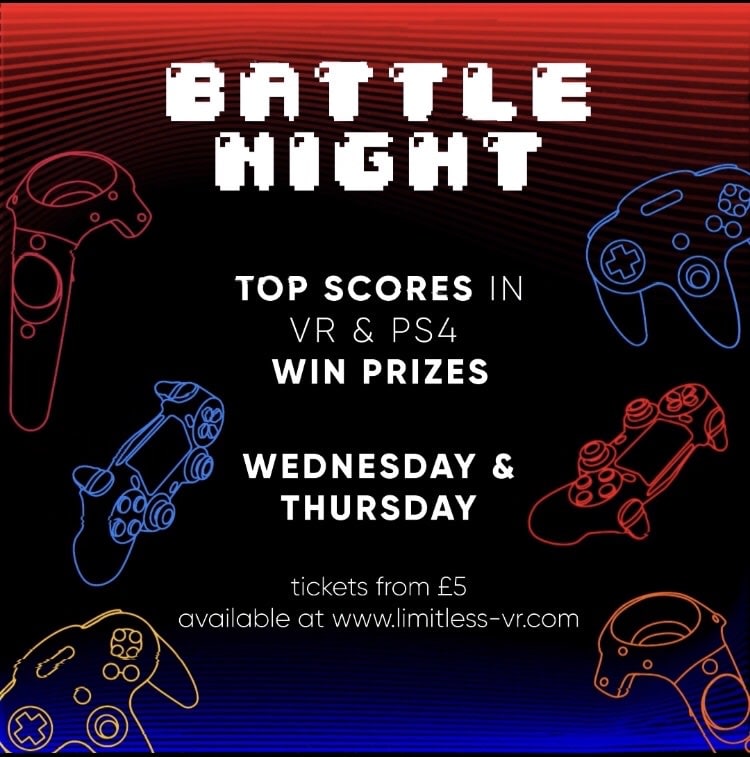 02/02/2022
Time: 20:00

The launch of our new BATTLE nights begins!

Battle VR games
TowerTag: 2vs2 Death-match
Pistol Whip: Single player - Top our leaderboards

Console gaming: FIFA &amp; Streetfighter

£5 entry
Book online to secure your spot to BATTLE.