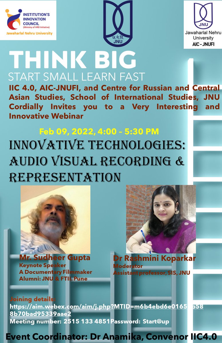 IIC 4.0, AIC-JNUFI, and Centre for Russian and Central Asian Studies, School of International Studies, JNU Cordially Invites you
Feb 09, 2022, 4:00 – 5:30 PM
Innovative technologies: Audio Visual Recording &amp; Representation

By Mr SUDHEER GUPTA: A Documentary filmmaker
