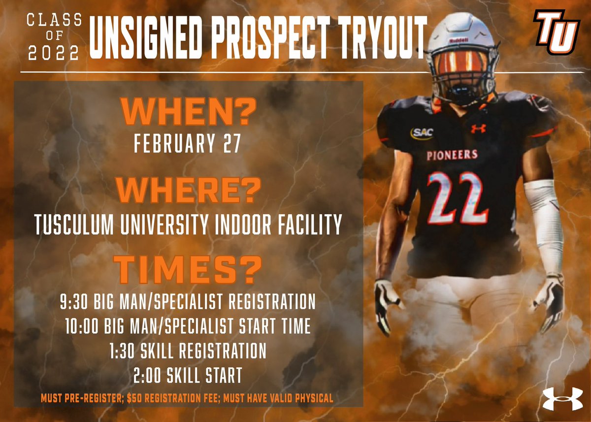 TusculumFB's tweet photo. Attention athletes‼️ Due to unforeseen circumstances our unsigned prospect tryout held on February 6th will have to be postponed. The new date is February 27th. Same time, same place, just a new date! Register here while spots are still open: https://t.co/UgWgDaAIvB https://t.co/FmJbKVNKGD
