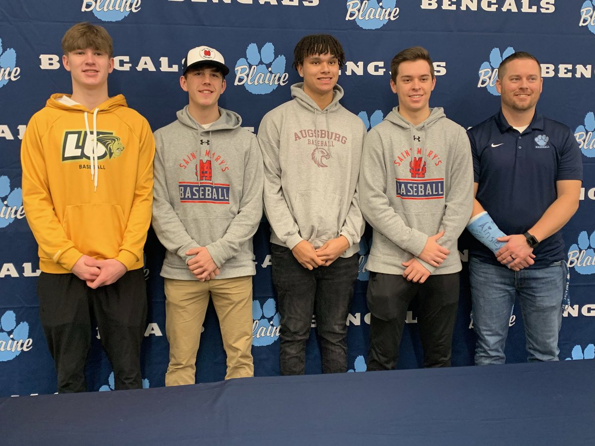 Blaine Baseball (@blainebaseball) on Twitter photo Congrats to these baseball guys for signing today! <a href="/EricCharest9/">Eric Charest</a> @DamonThoemke <a href="/JoeBeckman2/">Joe Beckman</a> <a href="/JoeyPow21174704/">Joey Powers</a>
<a href="/SMUBaseball/">SMU Baseball</a> <a href="/AuggieBaseball/">Augsburg Baseball</a> <a href="/LULIONSBASEBALL/">Lindenwood University Baseball</a> Congrats to these baseball guys for signing today! <a href="/EricCharest9/">Eric Charest</a> @DamonThoemke <a href="/JoeBeckman2/">Joe Beckman</a> <a href="/JoeyPow21174704/">Joey Powers</a>
<a href="/SMUBaseball/">SMU Baseball</a> <a href="/AuggieBaseball/">Augsburg Baseball</a> <a href="/LULIONSBASEBALL/">Lindenwood University Baseball</a>