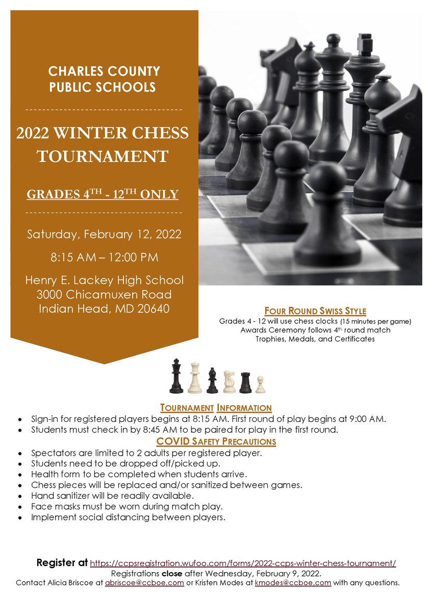 *Update* The Charles County Public Schools (CCPS) 2022 winter chess tournament on Saturday, Feb. 12 is now allowing two in-person spectators per registered player. The tournament will no longer be available to watch via Zoom. Location and times have not changed.