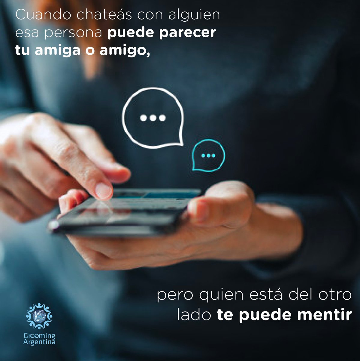GroomingArg's tweet photo. 🤔 ¿Sabés realmente con quién estás chateando? 

👨🏼‍💻👩🏾‍💻 Cuando conoces a alguien en internet, la otra persona puede mentir sobre su identidad y ocultarse bajo un perfil falso.

#HablemosDeGrooming #InternetSegura https://t.co/Hw8NMFaGHI