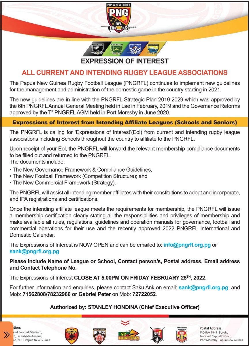 Call for Expressions of Interest from Intending Affiliate Leagues. #PNG #rugbyleague