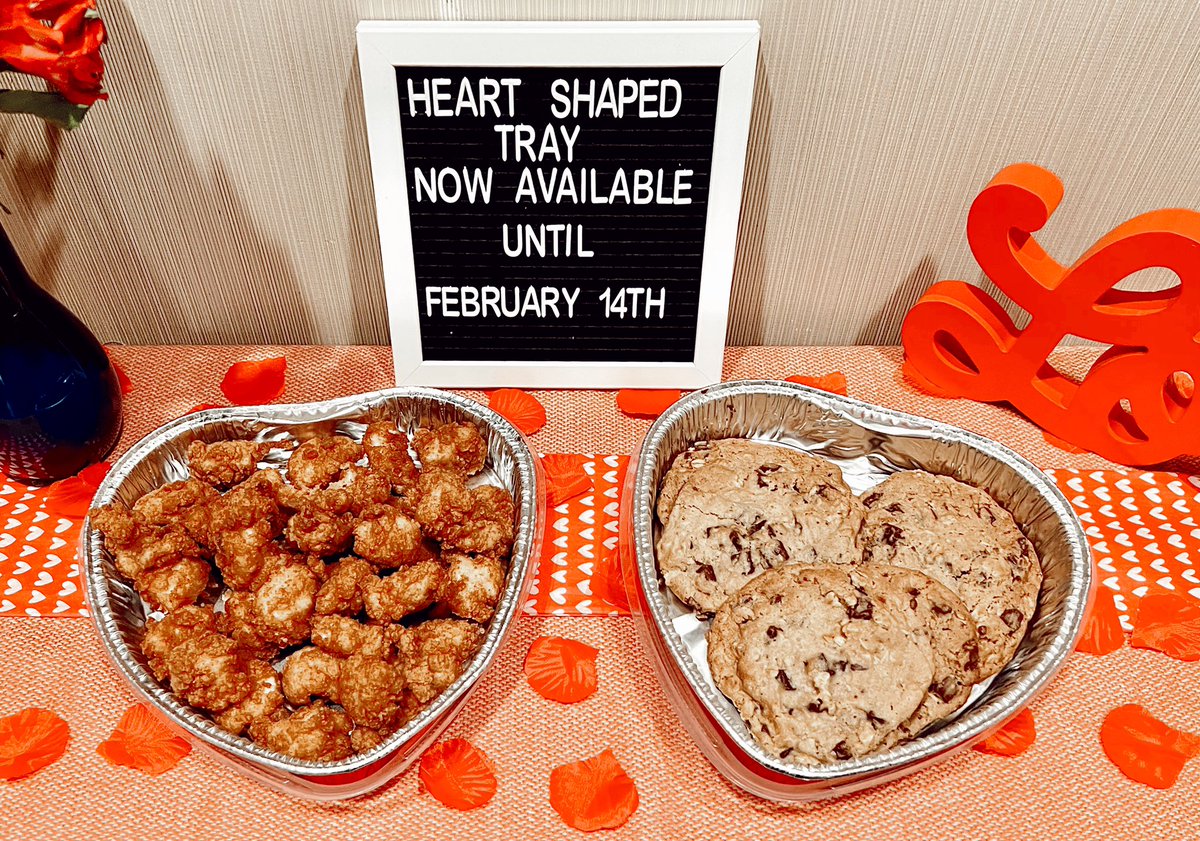 HEART SHAPED TRAY OUT NOW!❤️
.
.
Get your heart shaped tray for your special someone this valentines! 
Available until February 14th! 
.
.
30 ct. Nugget tray 🍗
6 ct cookie tray 🍪
10 ct chicken minis! 🐥