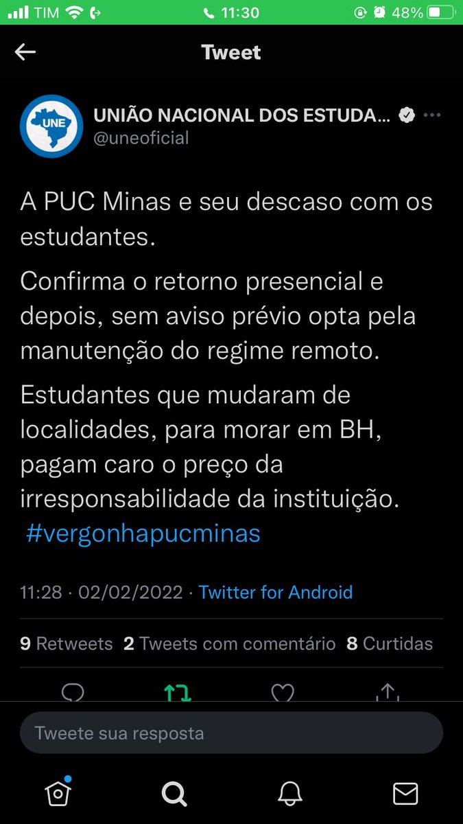 Lucasmdcarvalh0's tweet photo. A UNE, a União Nacional dos Estudantes, apoia a #vergonhapucminas e enfatiza o descaso da universidade e a falta de consideração com os estudantes que vêm de fora da capital mineira. https://t.co/t9dYbnzbeh