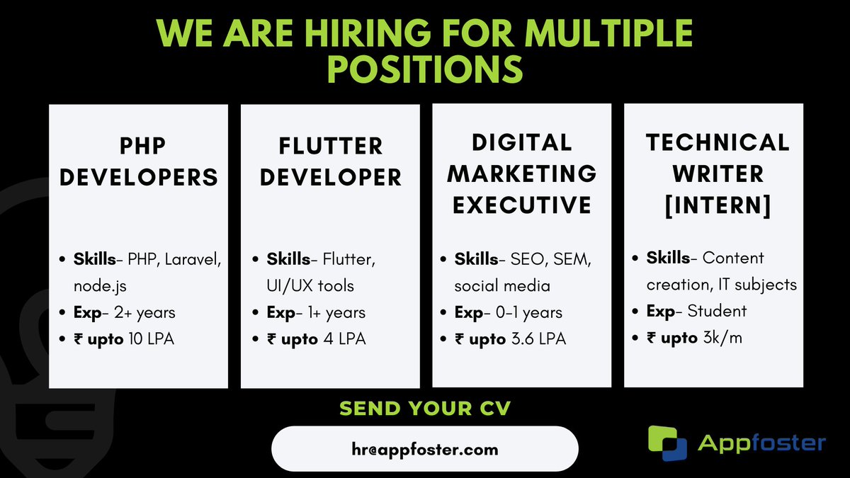 appfoster's tweet image. We are hiring for multiple roles. Please refer to this post to see the job openings.
Email us your CV at hr@appfoster.com

#hiring #cv #technicalcontentwriter #collegestudents #parttime #HR #LinkedIn #Hiring #Openings #Jobvacancy #itjobs #freshers #experiencedjobs #phpdevelopers