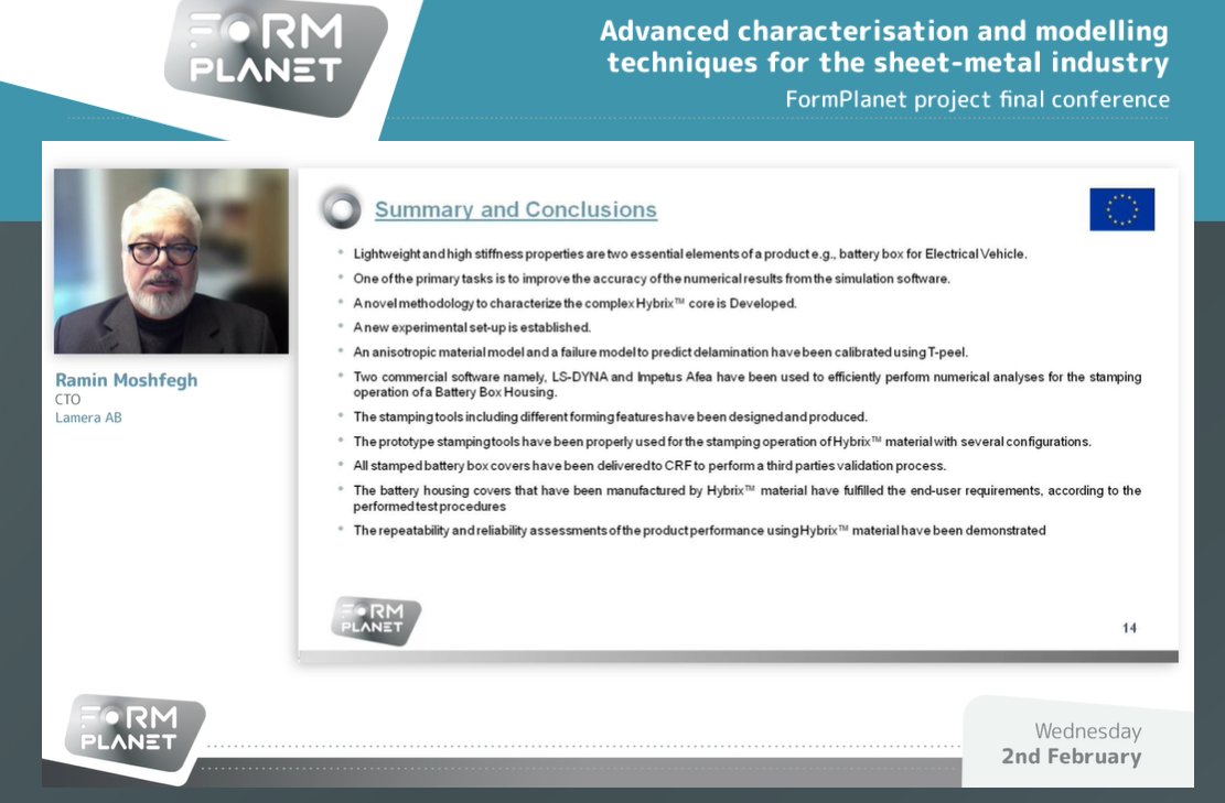 Formplanet_EU's tweet image. #FormPlanet Final Event | Ramin Moshfegh, CTO at LAMERA, shares now the application of advanced #modelling techniques to predict the #formability and accurately characterise Hybrix™, a multi-layer sandwich material

Find out more 👉 cutt.ly/lamera-formabi…