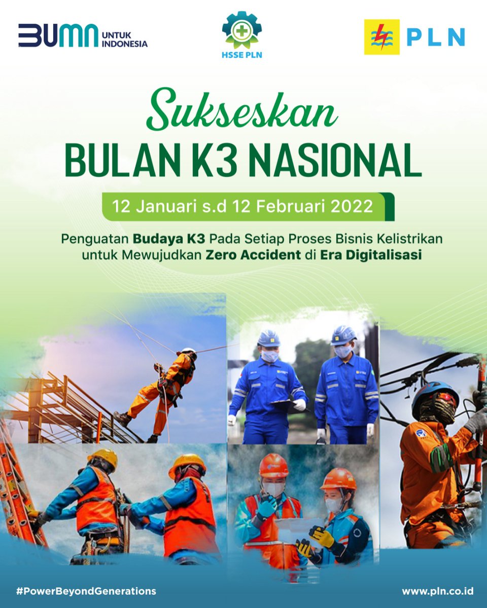 syahrildoping's tweet photo. Hai Electrizen dan PLNers, Mari sukseskan Bulan K3 Nasional, 12 Januari s.d 12 Februari 2022.

Peringatan Bulan K3 Nasional menjadi momentum bagi kita semua untuk selalu memprioritaskan Kesehatan, Kesalamatan, Kerja.

#PLN #PowerBeyondGenerations #BulanK3Nasional https://t.co/TMHUaVjiX3