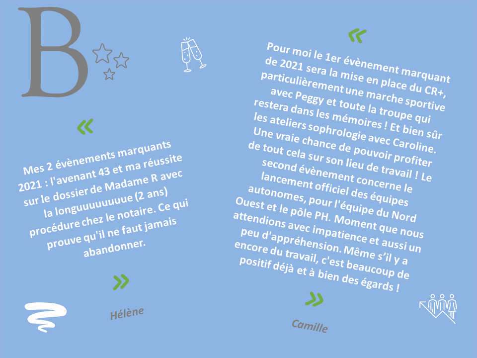 DVillaAidAisne's tweet image. Nous avons sollicité les collaborateurs pour qu'ils puissent exprimer les 2 évènements phare de leur année, qu'ils soient perso ou professionnels... Aujourd'hui Hélène, aide-comptable et Camille, #coordinatrice des parcours des bénéficiaires, vous partagent leurs moments forts