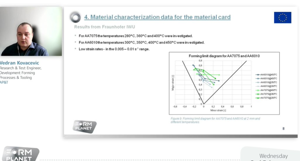 Formplanet_EU's tweet image. Vedran Kovacevic, researcher &amp;amp; test engineer at AP&amp;amp;T, is participating in #FormPlanet Final Conference explaining more about #FEM #modelling for hot forming applications of high strength aluminum sheets by implementing real process data 

ℹ️formplanet-project.eu/apt-forming-pr…