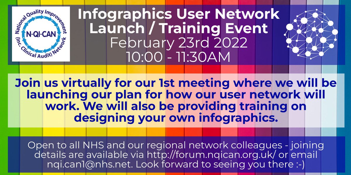 ‘As part of our forward plan we are excited to release details of the launch of our #QI #infographics network  &amp; training session on 23/2. Open to all NHS and #clinicalaudit network colleagues.
 
Further details
nqican.org.uk/events/.