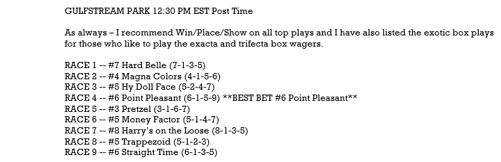 WinningAngle's tweet image. WEDNESDAY GULFSTREAM PARK -- Here are my plays for @GulfstreamPark -- Top Plays listed for each race (WPS) along with the exotic box plays for those that like the exacta/trifecta boxes.  Gorgeous day in South Florida -- Enjoy the racing and let's cash these tickets!! #HorsRacing