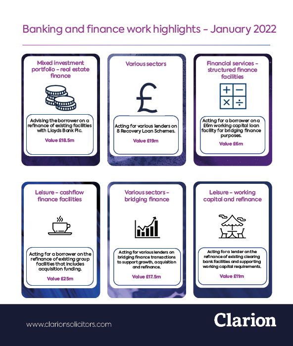 ClarionLaw's tweet photo. A selection of the matters that have been keeping our Banking and Finance team busy in January... @ClarionABL  @mariexxx @slackben https://t.co/bTuUg1vg9o
