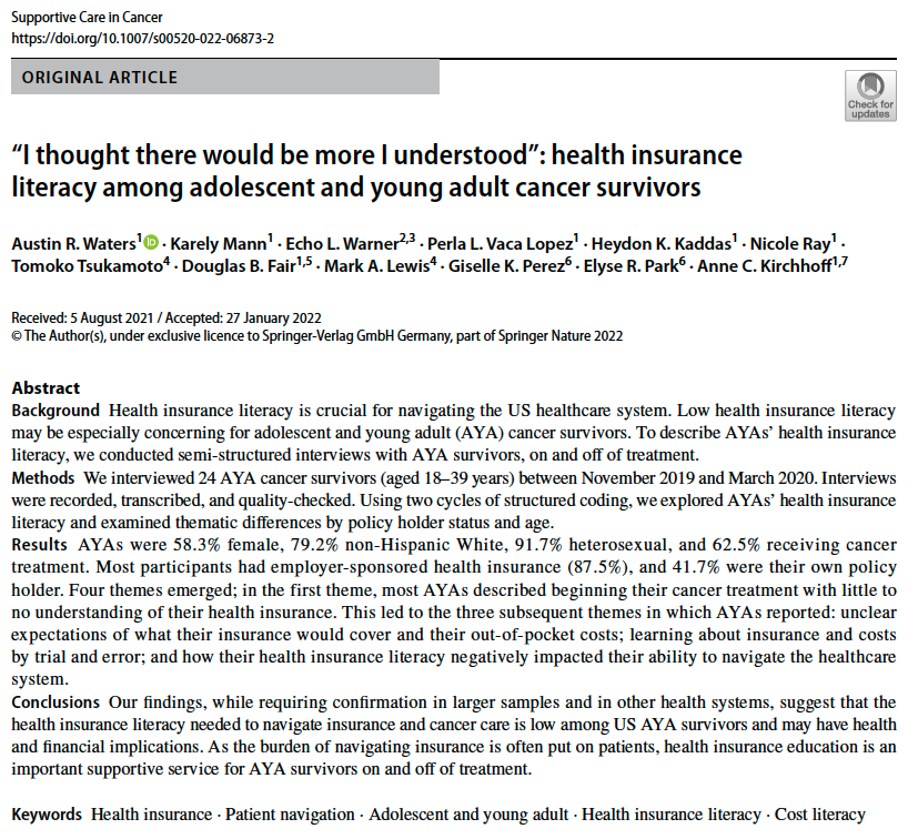 🚨🚨🚨 Low health insurance literacy among young cancer survivors is common and may contribute to severe outcomes such as non-adherence and increased financial burden. Stay tuned for the rest of our work on this topic! @annersck @WarnerEcho @PsycholERPark @DrGKPerez @marklewismd