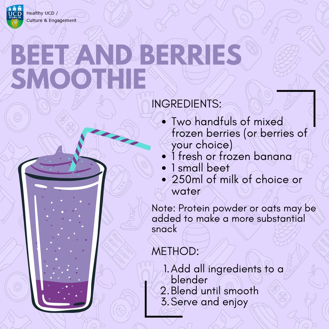 HealthyUCD's tweet photo. Smoothies are such a quick, easy and tasty way of increasing your fruit and veg intake!
Berries and beets both have antioxidant properties! Beetroot gets its vibrant colour from a compound known as betalain, providing anti-inflammatory and antioxidant functions.🫐🍓
#fiveplus https://t.co/GqHN6B6LUW