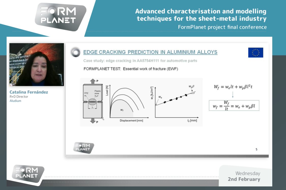 Formplanet_EU's tweet image. We&apos;re happy to listen Catalina Fernández, R+D Director at @aludium, for the #FormPlanet Final Conference. She is presenting a case study on #EdgeCracking prediction in AA5754 #aluminum alloy for #automotive components 

👉 formplanet-project.eu/aludium-edge-c…