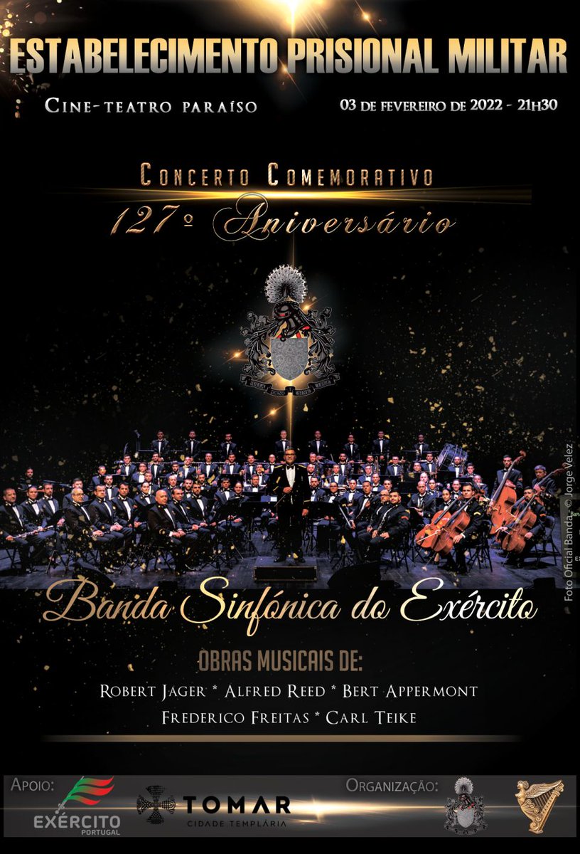 A Banda Sinfónica do Exército sobe, amanhã, ao palco do Cine-Teatro Paraíso, em Tomar. Este especial concerto realiza-se no âmbito do 127º aniversário do Estabelecimento Prisional Militar de Tomar. Uma data especial assinalada com obras fundamentais da música clássica.