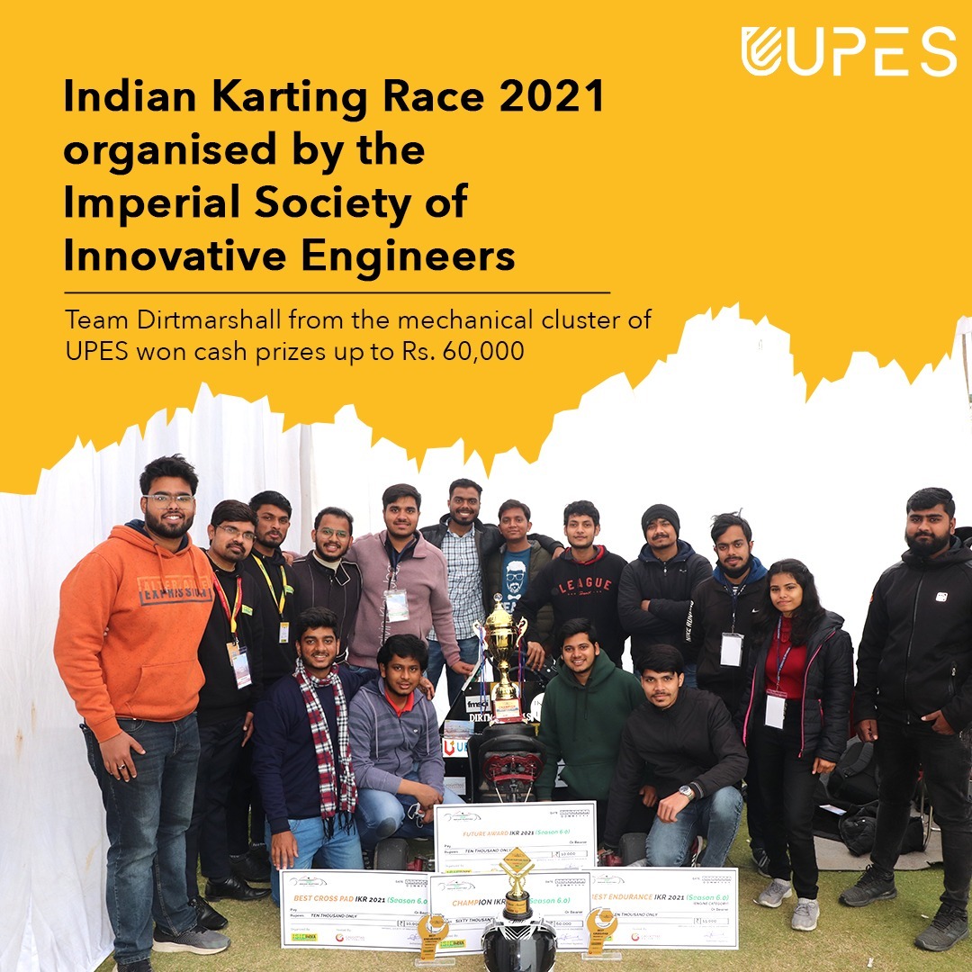 UPESDehradun's tweet photo. Hearty congratulations to Team Dirtmarshall from the mechanical cluster of #UPESSchoolofEngineering for their achievements in the #IndianKartingRace2021, held at #GalgotiasUniversity, organized by the Imperial Society of Innovative Engineers.
#UPES #UPESStars #KartRacing #Winners https://t.co/4dva58oH40