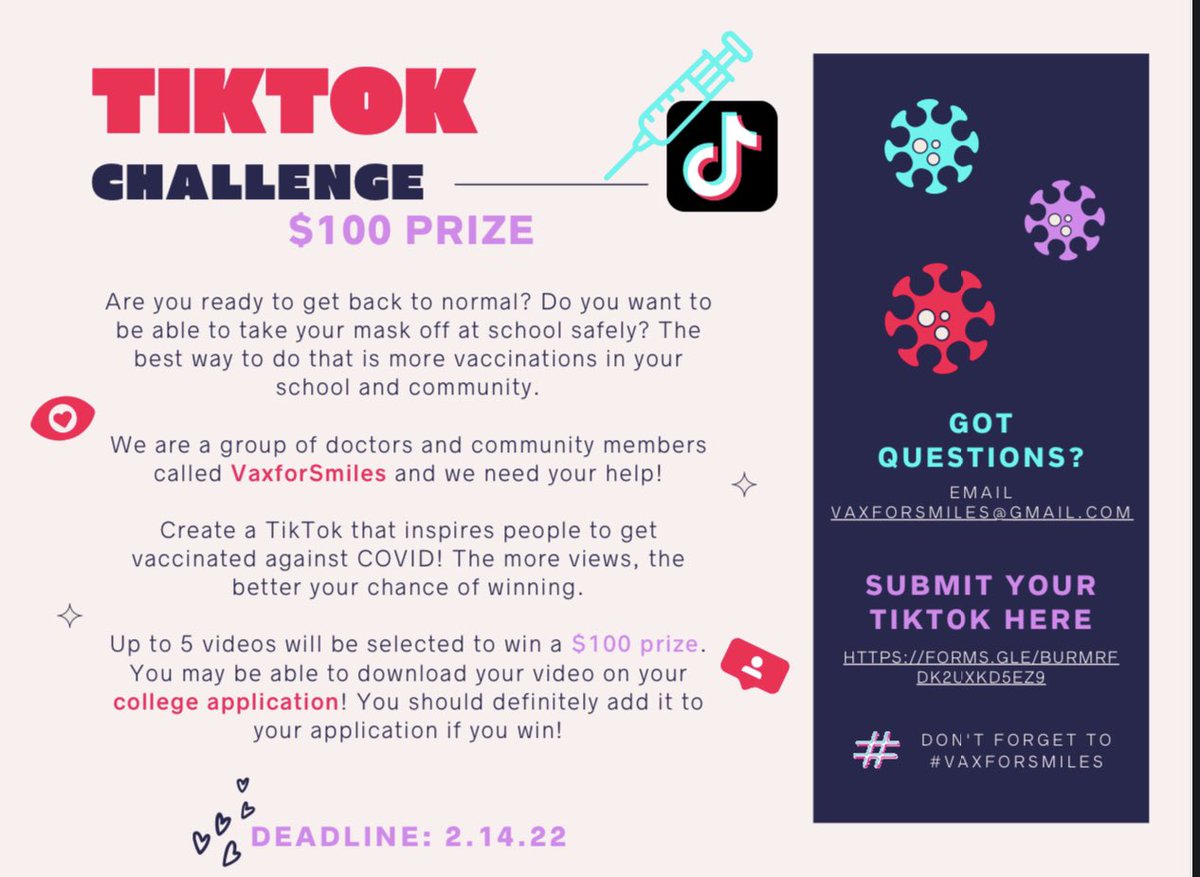 🌟CALLING ALL WORCESTER TEENS🌟 Enter the #VaxforSmiles Tik Tok challenge for a chance to win $100!!! All you have to do is: ⚠️ Create a Tik Tok that inspires people to get vaccinated against COVID-19🤩 @GirlsIncWorc @BGCWorcester1 @LEIWorcester @RECWorcester @YMCAofCM