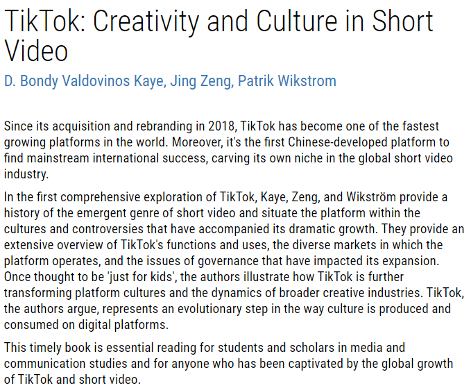 Bondy (@bondykaye) on Twitter photo Friends!! My first ever ✨scholarly book✨ 'TikTok' written with @meg_zeng and <a href="/pwikstrom/">Patrik Wikstrom | pwik@aus.social</a> is now available for pre-order!!
The book is set to release in mid-2022. Pre-order a copy at politybooks.com and wiley.com
🧵👇 Friends!! My first ever ✨scholarly book✨ 'TikTok' written with @meg_zeng and <a href="/pwikstrom/">Patrik Wikstrom | pwik@aus.social</a> is now available for pre-order!!
The book is set to release in mid-2022. Pre-order a copy at politybooks.com and wiley.com
🧵👇