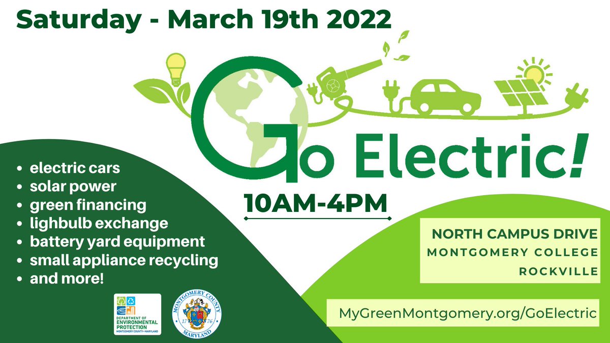 MyGreenMC's tweet photo. SAVE THE DATE for the Go Electric event March 19, 10am - 4pm in Rockville MD! Check out electric cars and buses, solar power, battery-operated mowers and blowers, a lightbulb exchange, small appliance recycling, and more. #GoElectric #MCEVPC #SolarPower https://t.co/pMbttOckcz https://t.co/n7OaY9yfOc