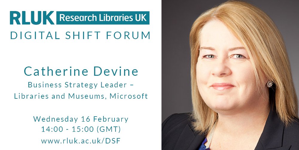 On Wednesday 16 February we will be joined by <a href="/cmdevine/">Catherine Devine</a> Business Strategy Leader - Libraries &amp; Museums at <a href="/Microsoft/">Microsoft</a> who will talk about improving discoverability of knowledge leveraging modern technology.

Register for this #RLUKDSF event at bit.ly/RLUKDSF