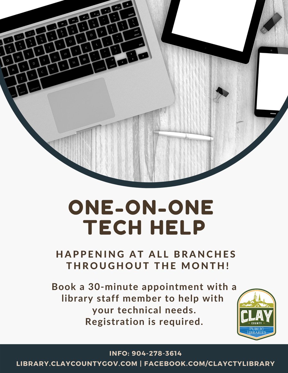 ClayLibrary's tweet image. One-on-One Tech Help will be happening at all branches throughout the month! Book your 30-minute appointment with a library staff member by visiting: claycountygov.libcal.com/appointments?u…
#ClayCoLibrary #TechHelp