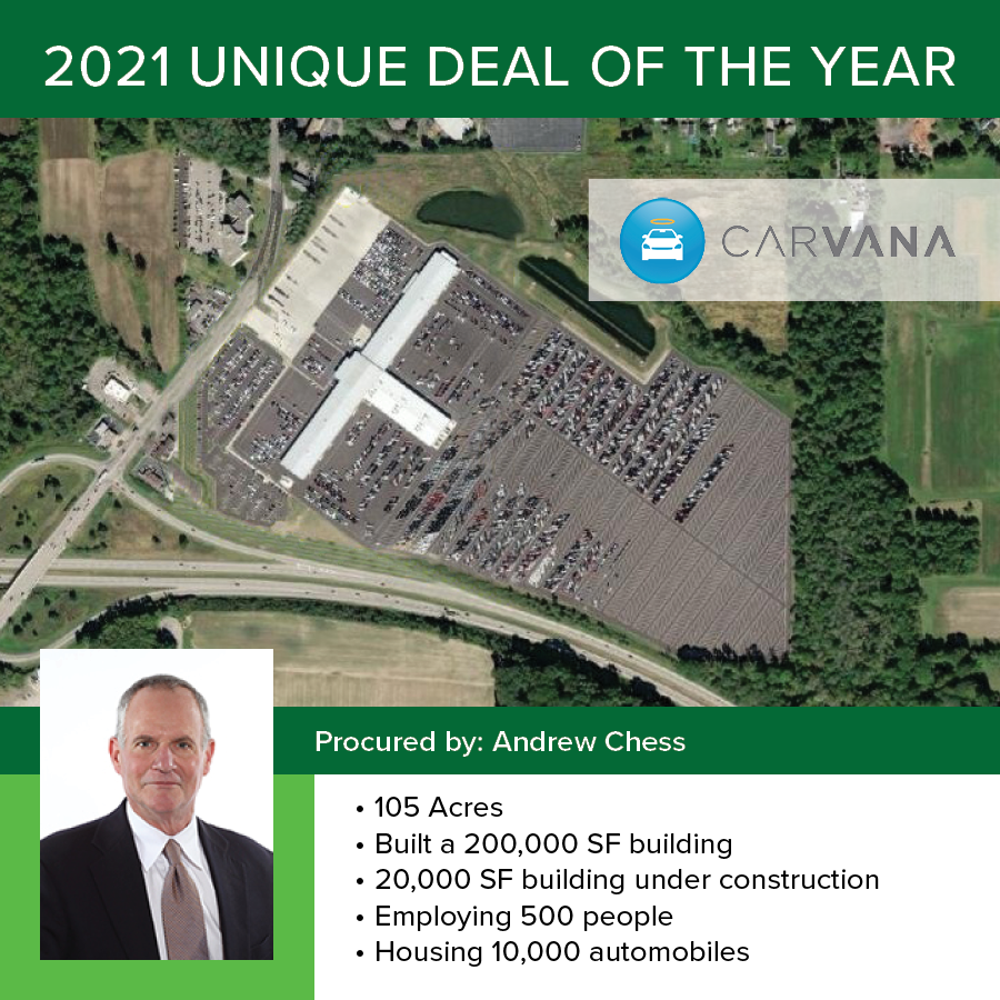Congratulations to Andy Chess for taking home the 2021 Hanna Commercial Unique Deal Award! After several years of working this unique deal Andy helped Carvana secure a 105 Acre land deal!