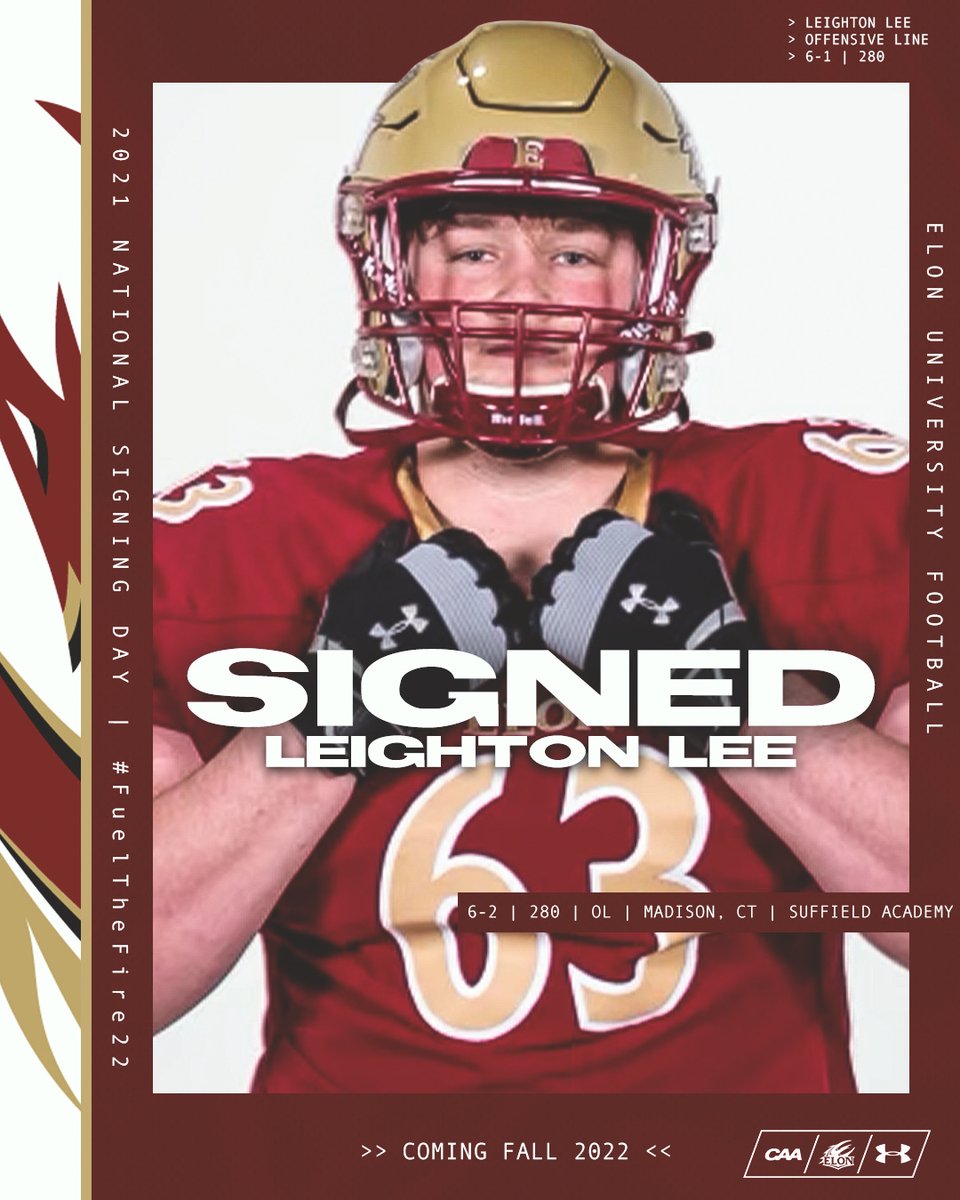Elon Football (@elonfootball) on Twitter photo We are getting bigger and stronger up front. A big welcome to <a href="/LeightonLee5/">Leighton Lee V</a>, a 6-2, 280 pound offensive lineman!
#AED | #FuelTheFire22 We are getting bigger and stronger up front. A big welcome to <a href="/LeightonLee5/">Leighton Lee V</a>, a 6-2, 280 pound offensive lineman!
#AED | #FuelTheFire22