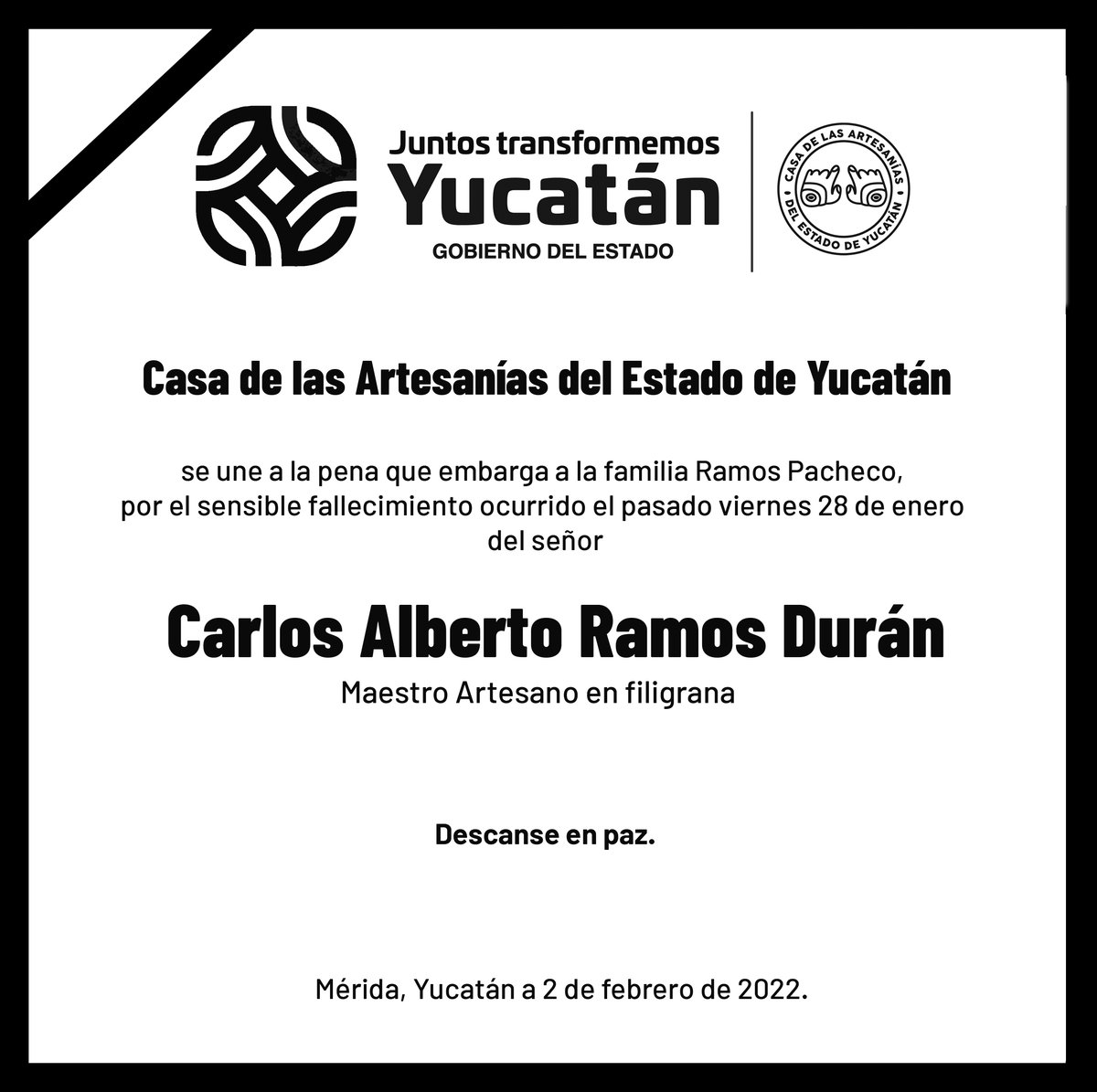 CAEYYucatan's tweet photo. Lamentamos el sensible fallecimiento del Gran Maestro Artesano, don Carlos Alberto Ramos Durán, quién enalteció a Yucatán con sus hermosas creaciones, plasmadas en diseños únicos e inigualables con la técnica ancestral de Joyería en Filigrana. https://t.co/Br6oRR1vha