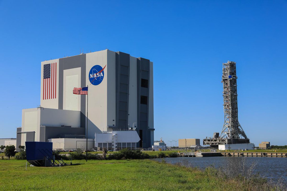 The mobile launcher for the Artemis I mission, atop crawler-transporter 2, arrives at the Vehicle Assembly Building at NASA’s Kennedy Space Center in Florida.